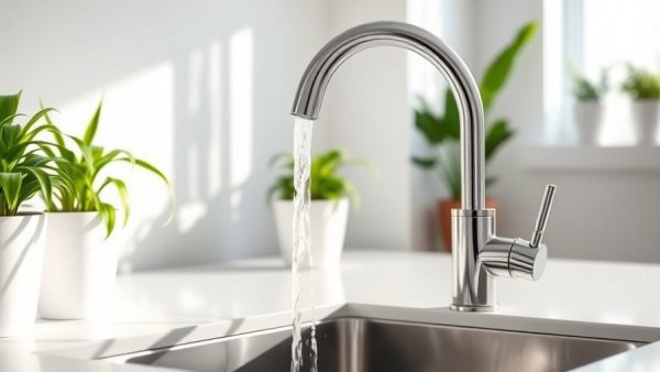 Chrome kitchen faucet with running water, modern setting, reverse osmosis system maintenance.