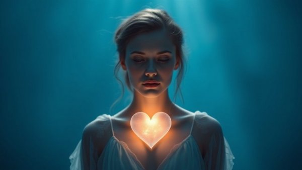 Woman with glowing heart symbolizing healing and escaping an abusive situation.