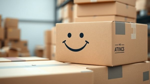 Stacked cardboard boxes, smile logo, shipping symbol.