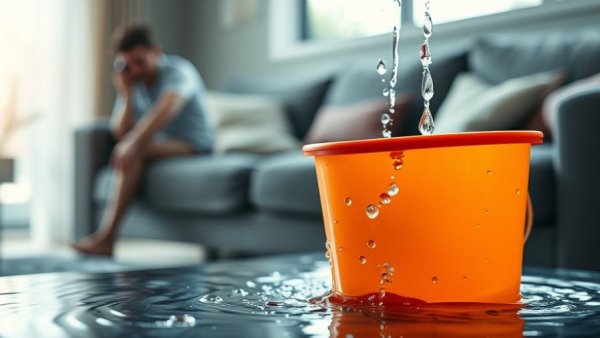 Orange bucket collecting water leak indoors, man calls for help.