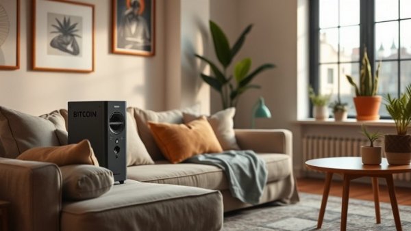 Modern living room with Bitcoin heater for home heating savings.