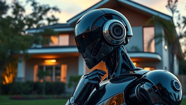 AI in real estate transactions: Robot with house background.