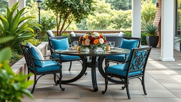 Stylish outdoor furniture set with blue cushions for Amazon Spring Sale.
