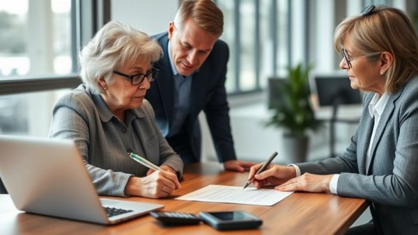 Older woman signing a document with advisor pointing, possible loan discussion.