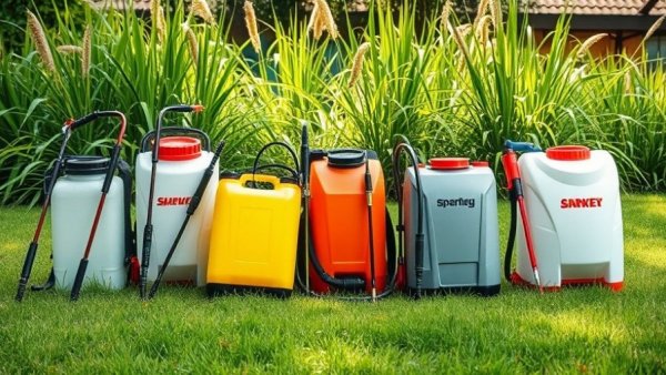 Various backpack sprayers on grass, ideal for garden care.