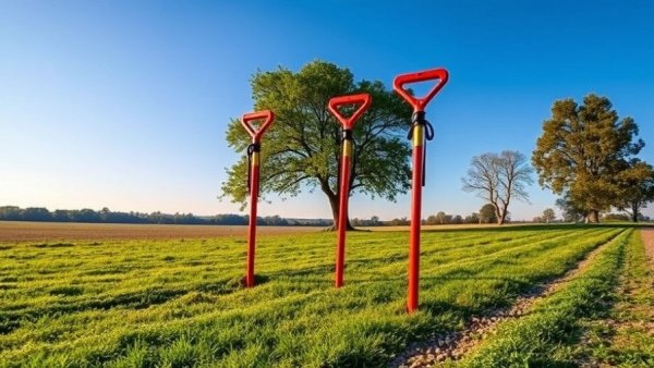 Vibrant post hole diggers on field for home projects.