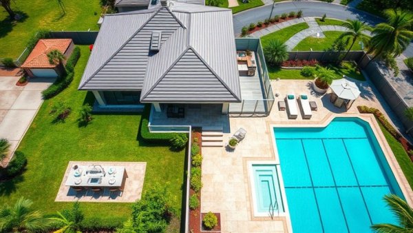 Luxury properties in Florida with pool and modern interior design.