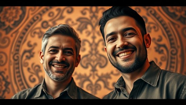 Stylized orange portrait of two men against detailed background for commercial real estate.