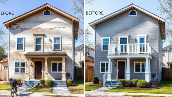 Before and after comparison of a fixer upper home renovation transformation.