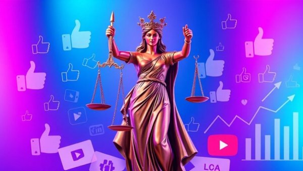Lady Justice with social media icons highlighting engagement risks.