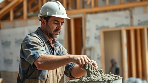 Construction worker mixing cement at Ontario building site.