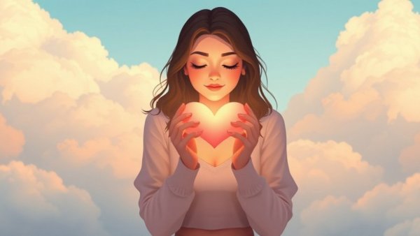 How to Tend to Yourself When Being Vulnerable Feels Raw - Serene woman holding a glowing heart in dreamy clouds.