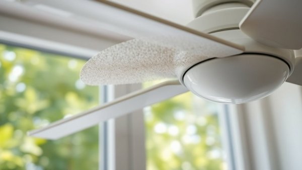 Dusty ceiling fan blade in front of a bright window illustrating HVAC effects on allergies.