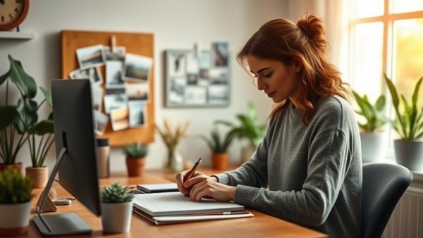 Woman working at cozy desk, highlighting water retention concerns from prolonged sitting.