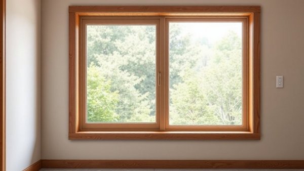 Neatly trimmed basement window with wooden frame in a finished basement.