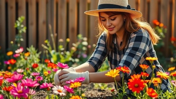 Woman gardening in a vibrant flower bed with cosmos, easy-to-grow flowers.