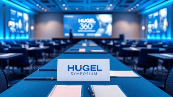 Hugel 360 Symposium blue-themed conference setup with logo and date.