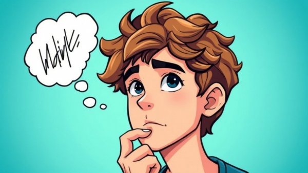 Young man in deep thought with a scribbled thought bubble, Stop Overthinking.