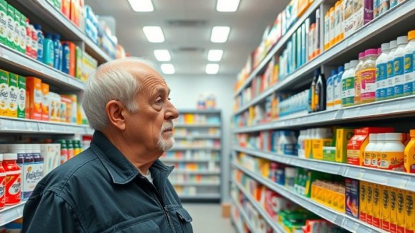 Elderly man browsing pharmacy aisle amid 2026 retail closures.