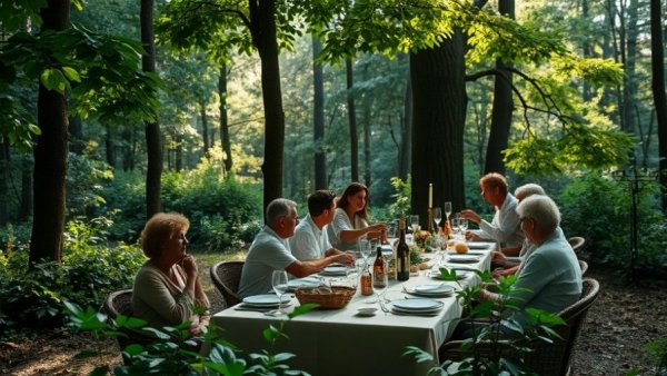 Outdoor gathering with plant-based Easter recipes in a lush setting.