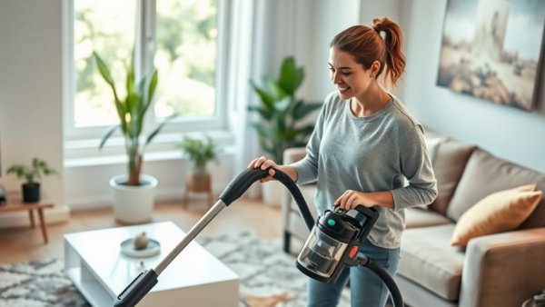 Woman using Shark vacuum in bright living room during Spring Sale.