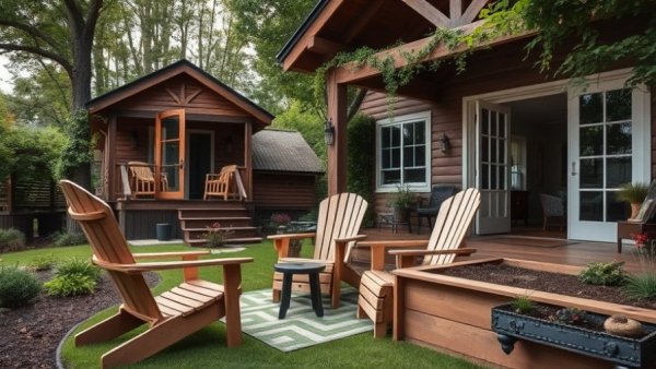Charming backyard with Adirondack chairs and cozy porch.