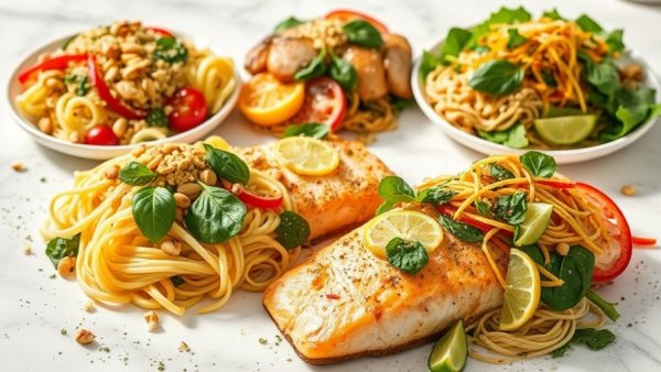 Vibrant high protein spring recipes including salmon and pasta salad.