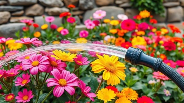 Durable garden tools watering vibrant flower garden.