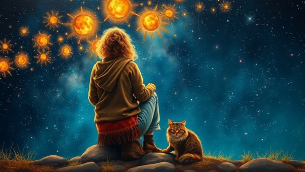 Happiness through Simple Living illustrated by woman and cat under stars