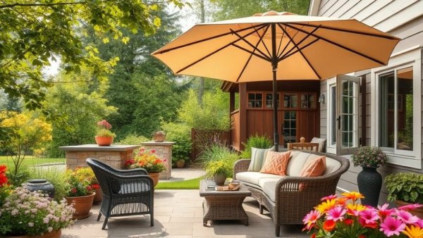 Charming patio setup with umbrella, Prep Your Patio for Spring and Summer.