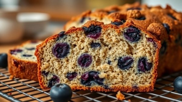Healthy blueberry banana bread with a moist crumb, photorealistic.