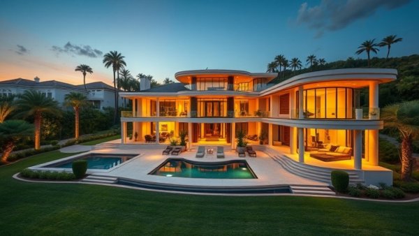 Brentwood luxury property for sale at twilight with modern architecture.