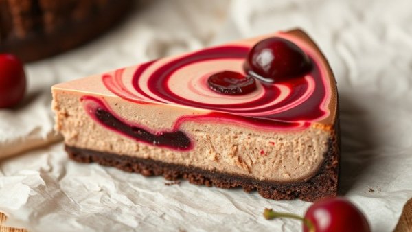 No-Bake Vegan Chocolate Cherry Cheesecake slice with cherry swirl