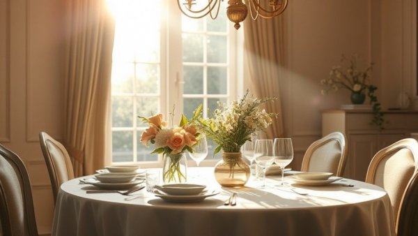 Sunlit dining table with flowers for spring decluttering guide.