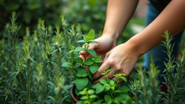 Person picking mint in a thriving shade herb garden.