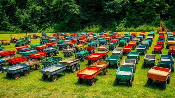 A variety of hauling garden carts displayed on a grassy field.