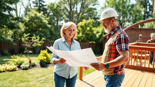 Mature couple and contractor review deck plans to avoid decking dispute.