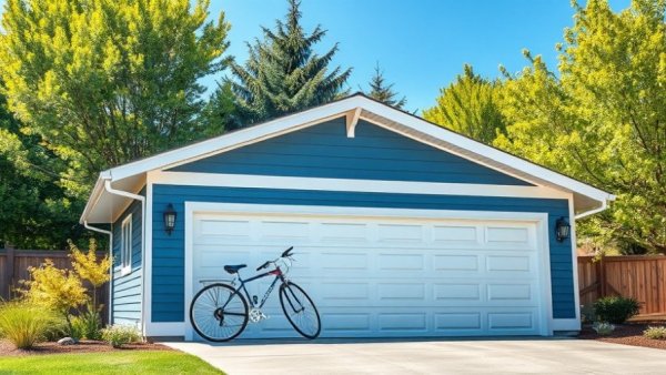 Modern garage with blue and white siding, surrounded by trees, sunny day.