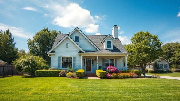 Suburban home with well-kept lawn under a clear sky, illustrating environment for climate-related insurance discussion.