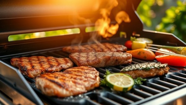 Spring Grill Deals: Juicy meats and veggies cooking on a grill.