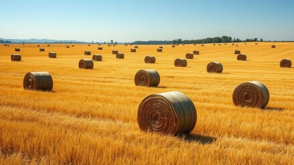 Vast hay field in Regional Victoria with scattered hay bales.