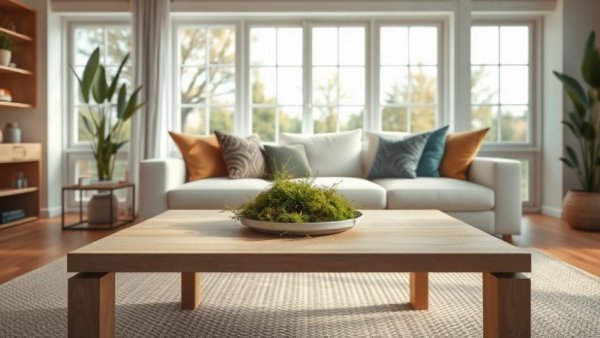 Modern living room with Pottery Barn furniture featuring a wooden table.