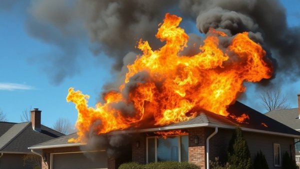 Suburban house on fire illustrating fire safety tips for homeowners.