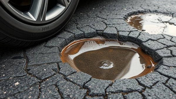 Pothole damage signs beside car on asphalt road.