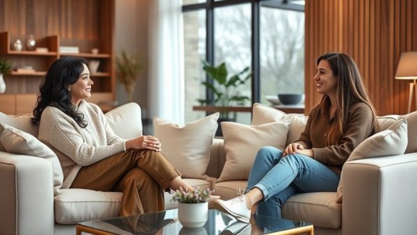 Two women in a stylish living room, Managing Perimenopause Symptoms Naturally discussion.