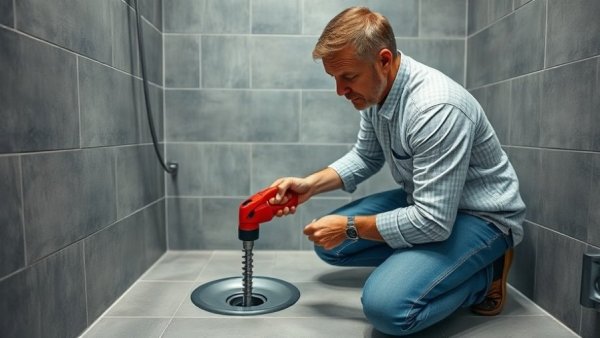 Man using a drain auger in a tiled shower to snake a drain