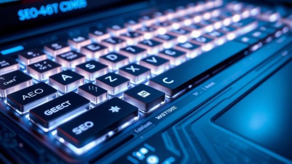 Futuristic SEO and AEO keyboard keys in a tech setting.