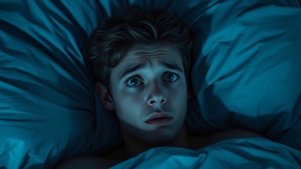 Illustration of man in bed appearing anxious, nighttime setting.