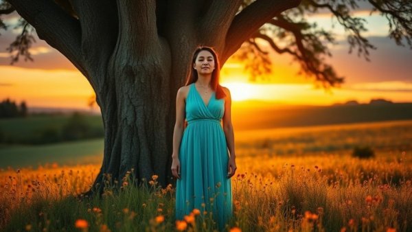 Woman embracing nature under tree, symbolizing body resilience and healing through adversity.