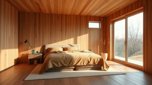 Warm minimalist bedroom design to make bedroom feel bigger.
